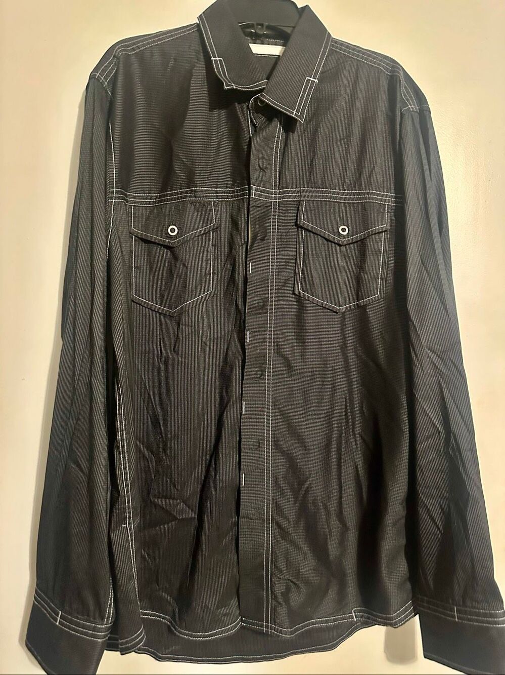 7 Diamonds Snap Up Shirt Mens Size L large Black Long Sleeve Cotton Poly Stretch